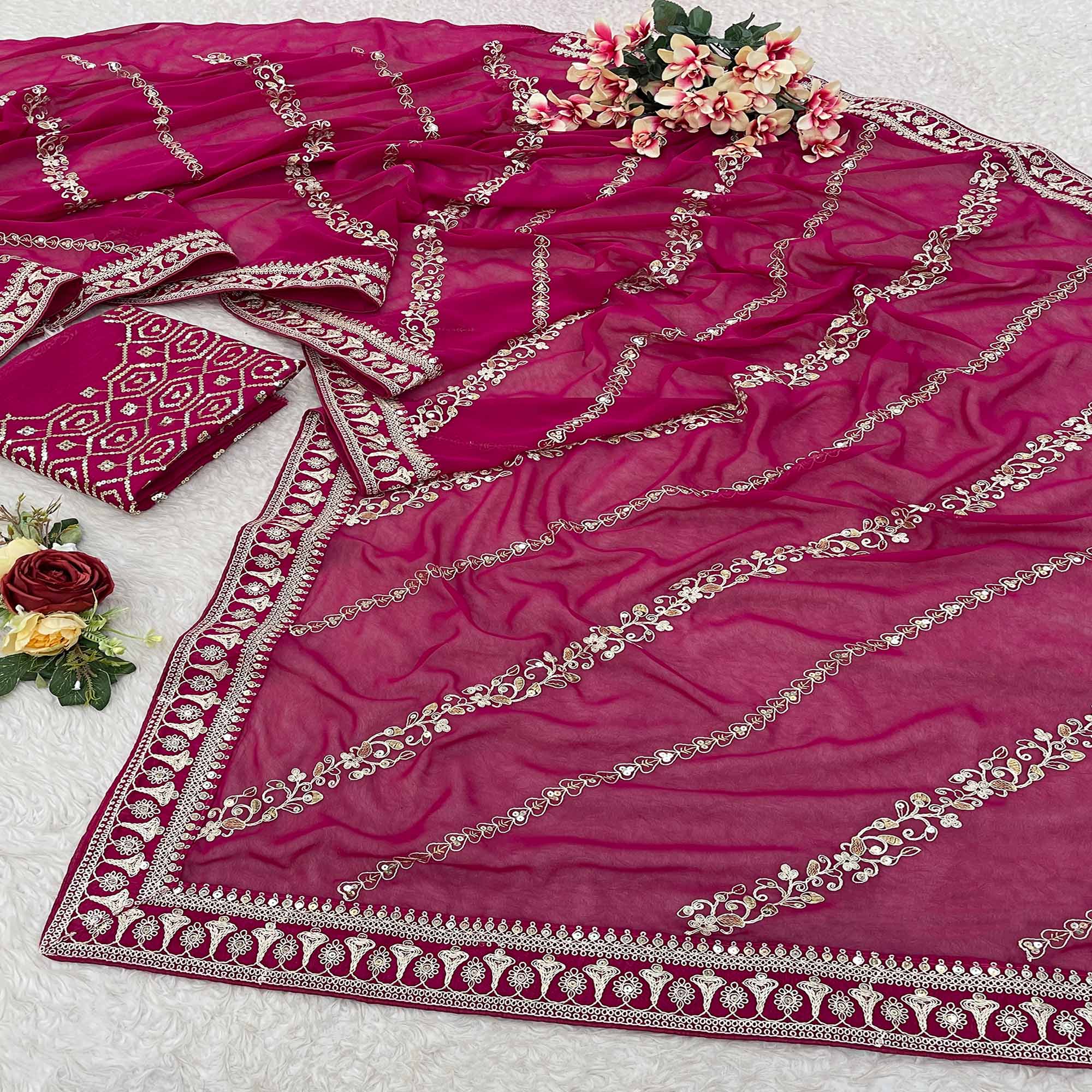 Pink Sequins Embroidered Georgette Saree