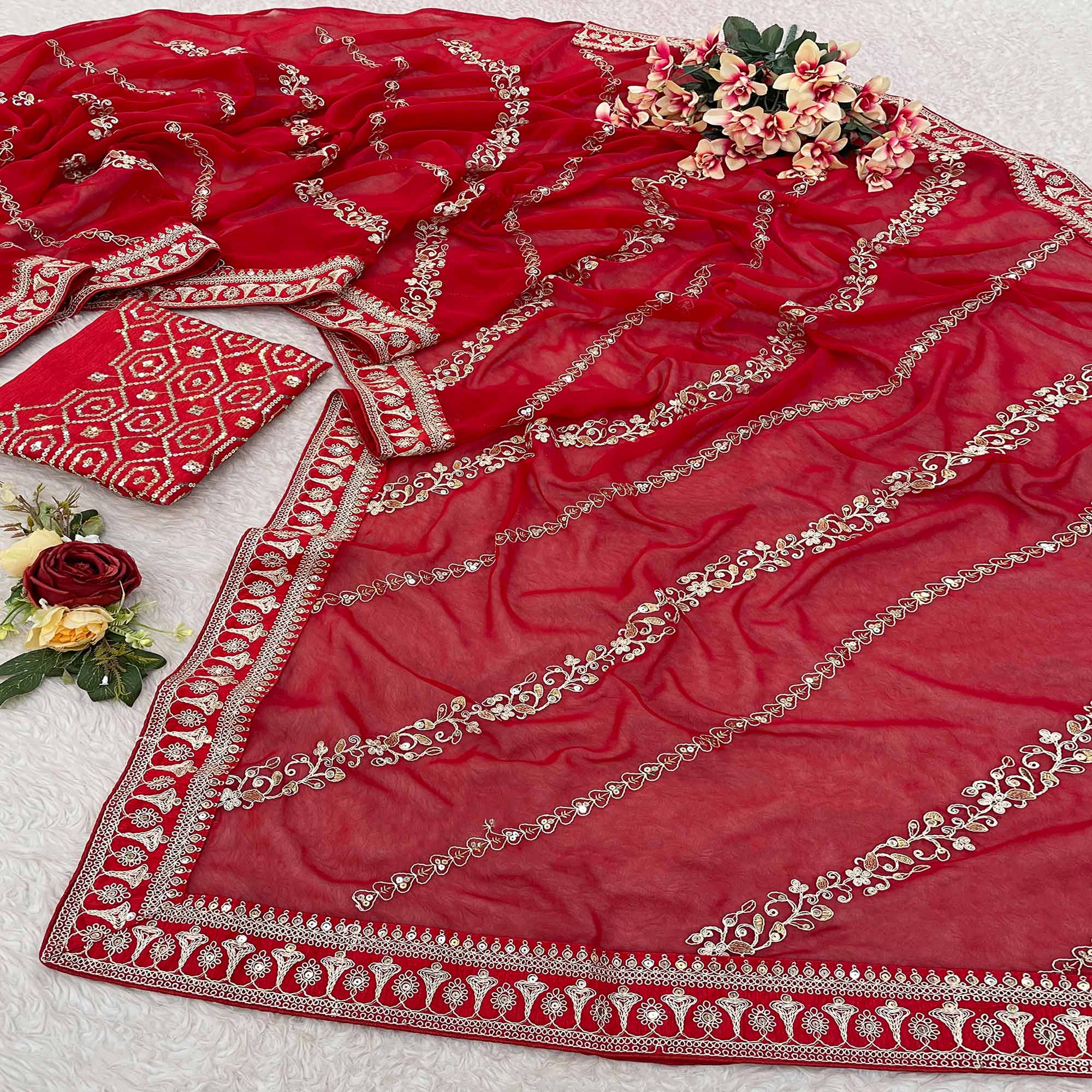 Red Sequins Embroidered Georgette Saree