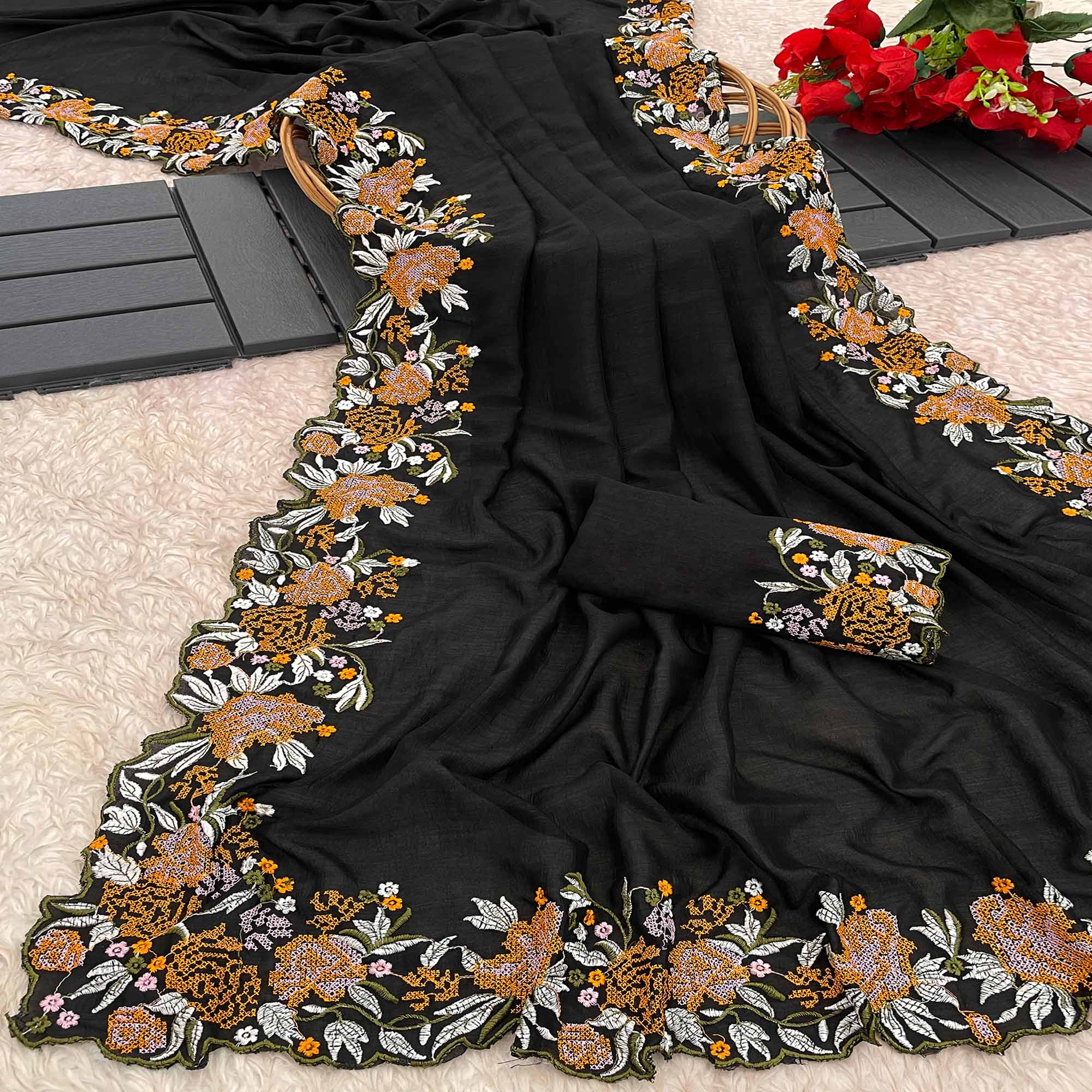 Black Embroidery Vichitra Silk Saree With Floral Border