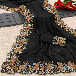 Black Embroidery Vichitra Silk Saree With Floral Border