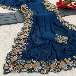 Blue Embroidery Vichitra Silk Saree With Floral Border