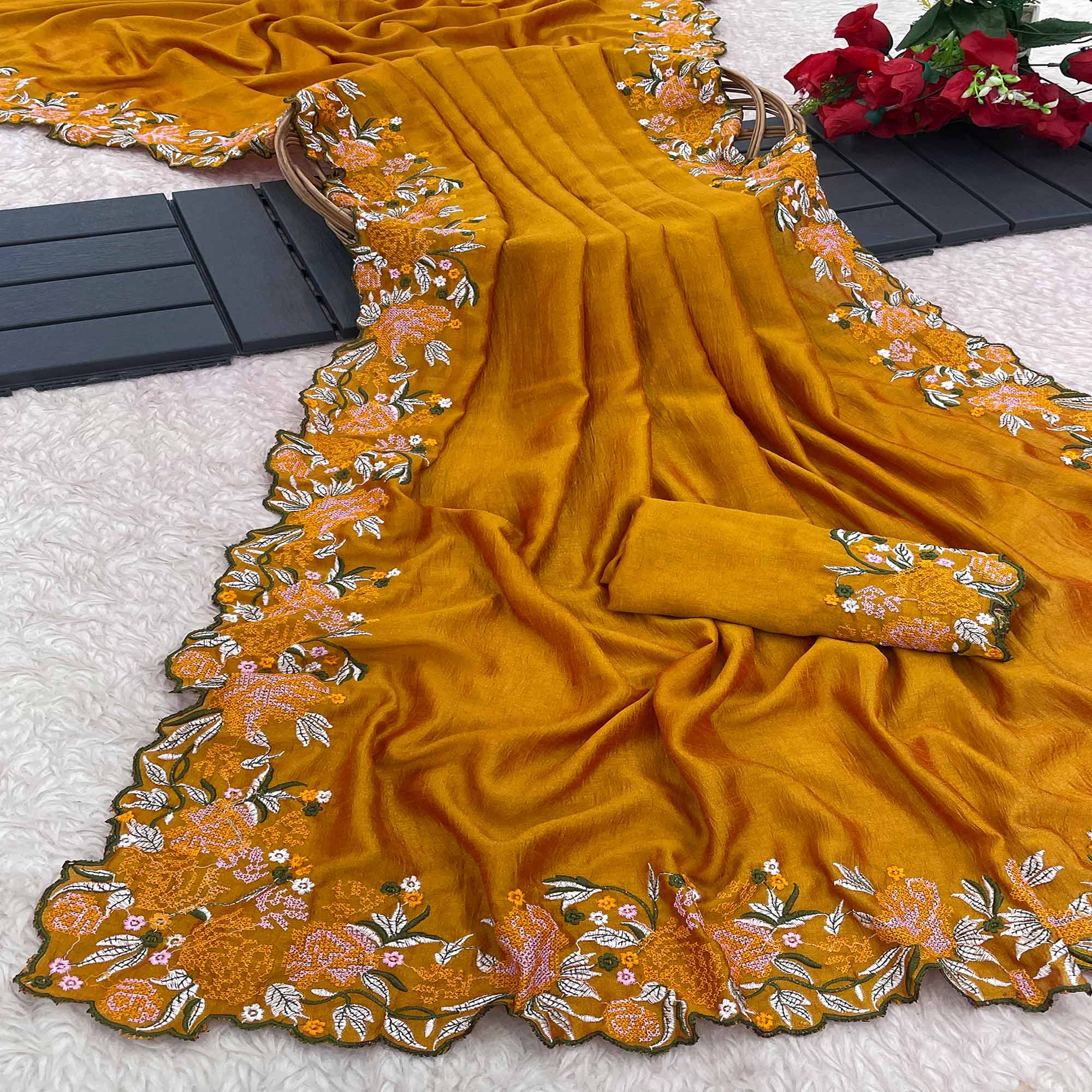 Mustard Embroidery Vichitra Silk Saree With Floral Border
