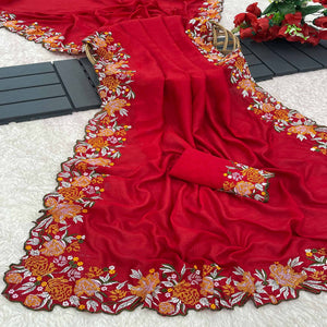 Red Embroidery Vichitra Silk Saree With Floral Border