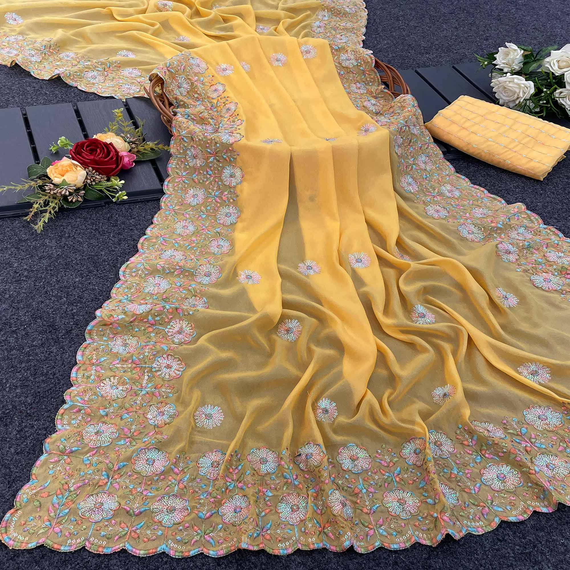 Yellow Floral Sequins Embroidered Crepe Silk Saree