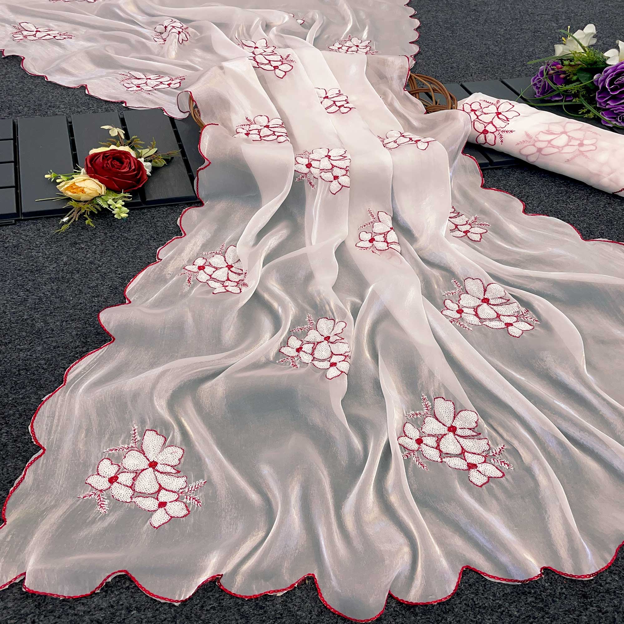White Sequins Embroidered Satin Saree