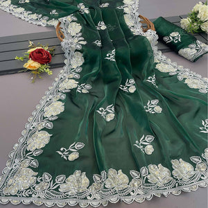 Green Floral Embroidered Satin Saree