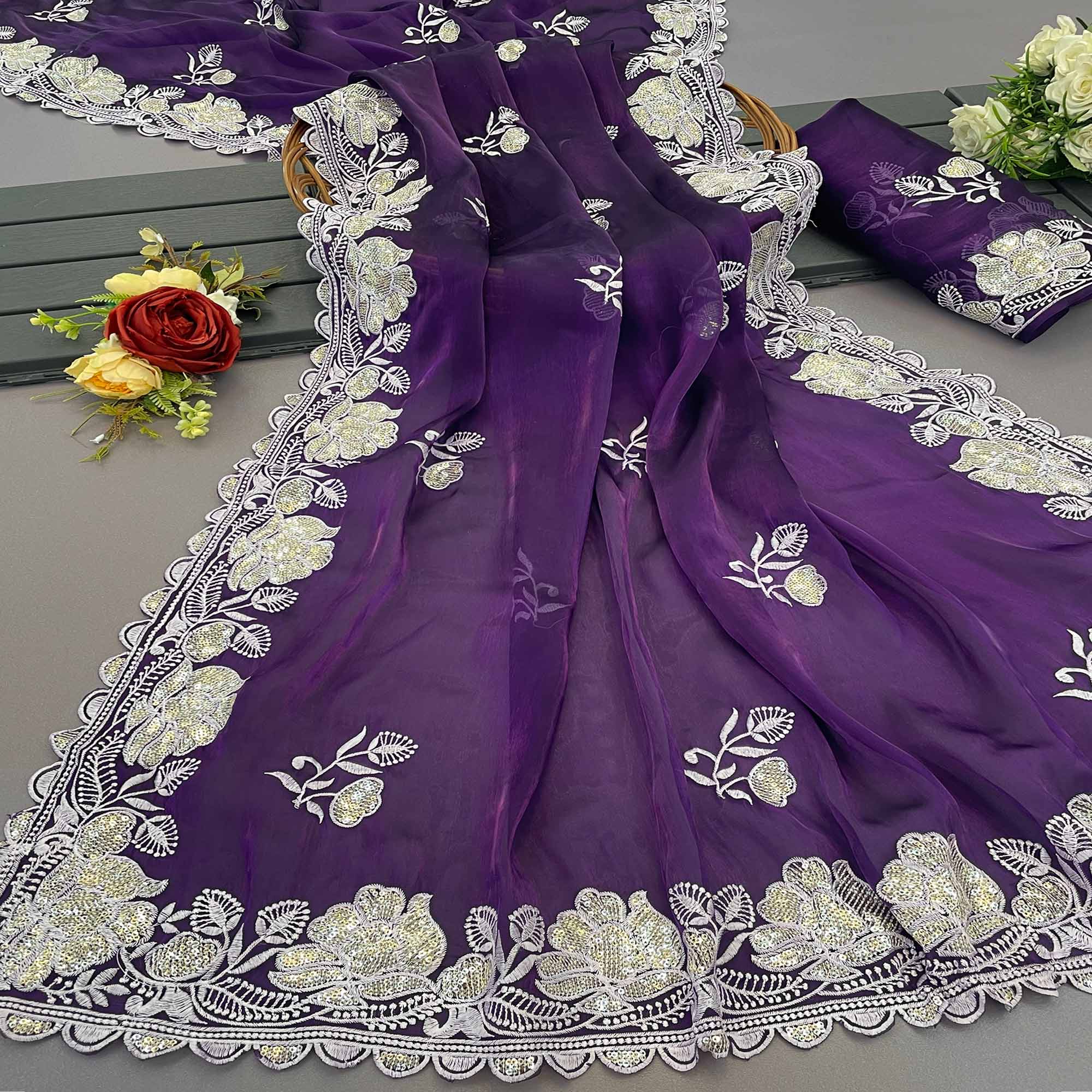 Purple Floral Embroidered Satin Saree