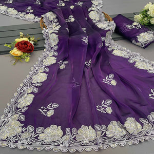 Purple Floral Embroidered Satin Saree