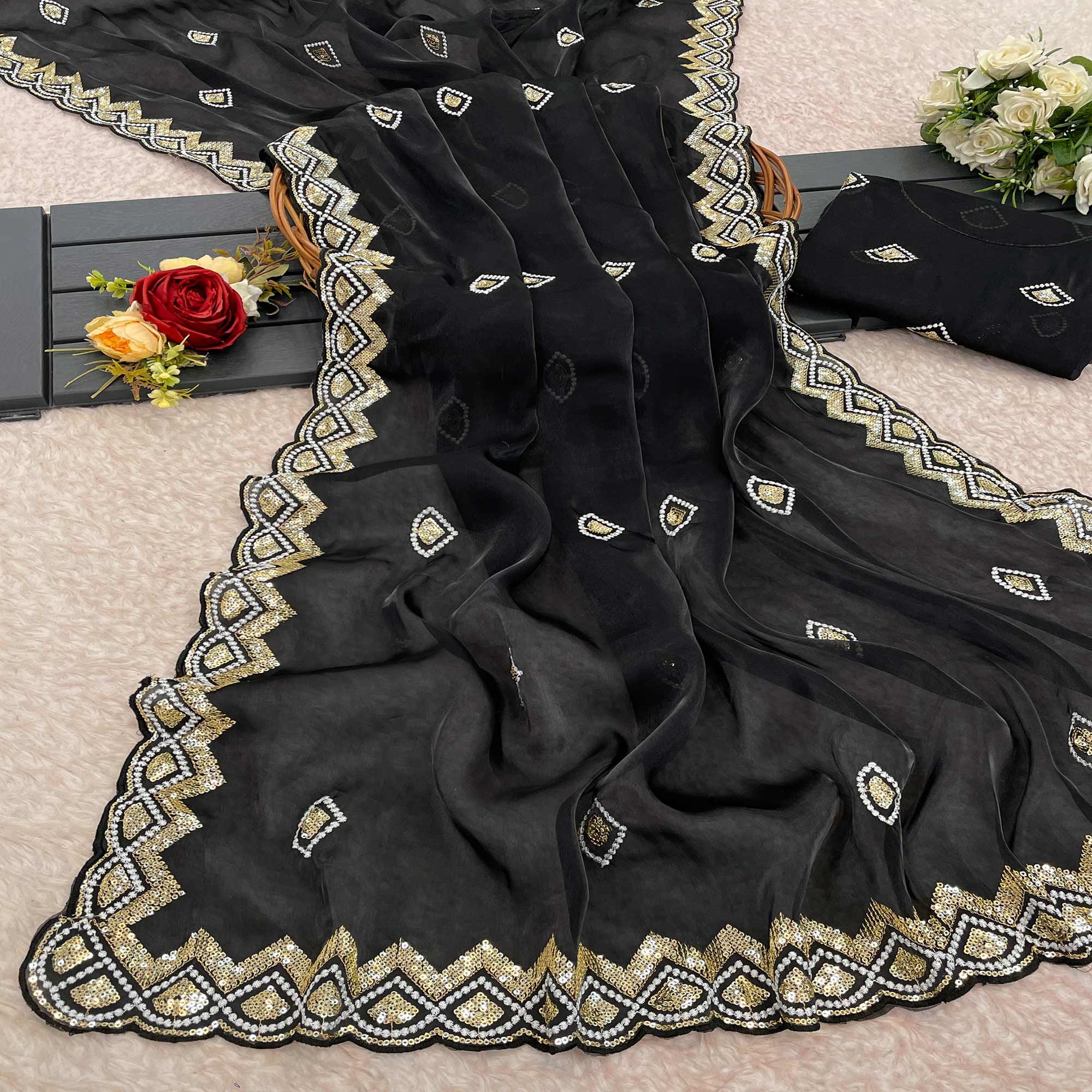 Black Sequins Embroidered Satin Saree