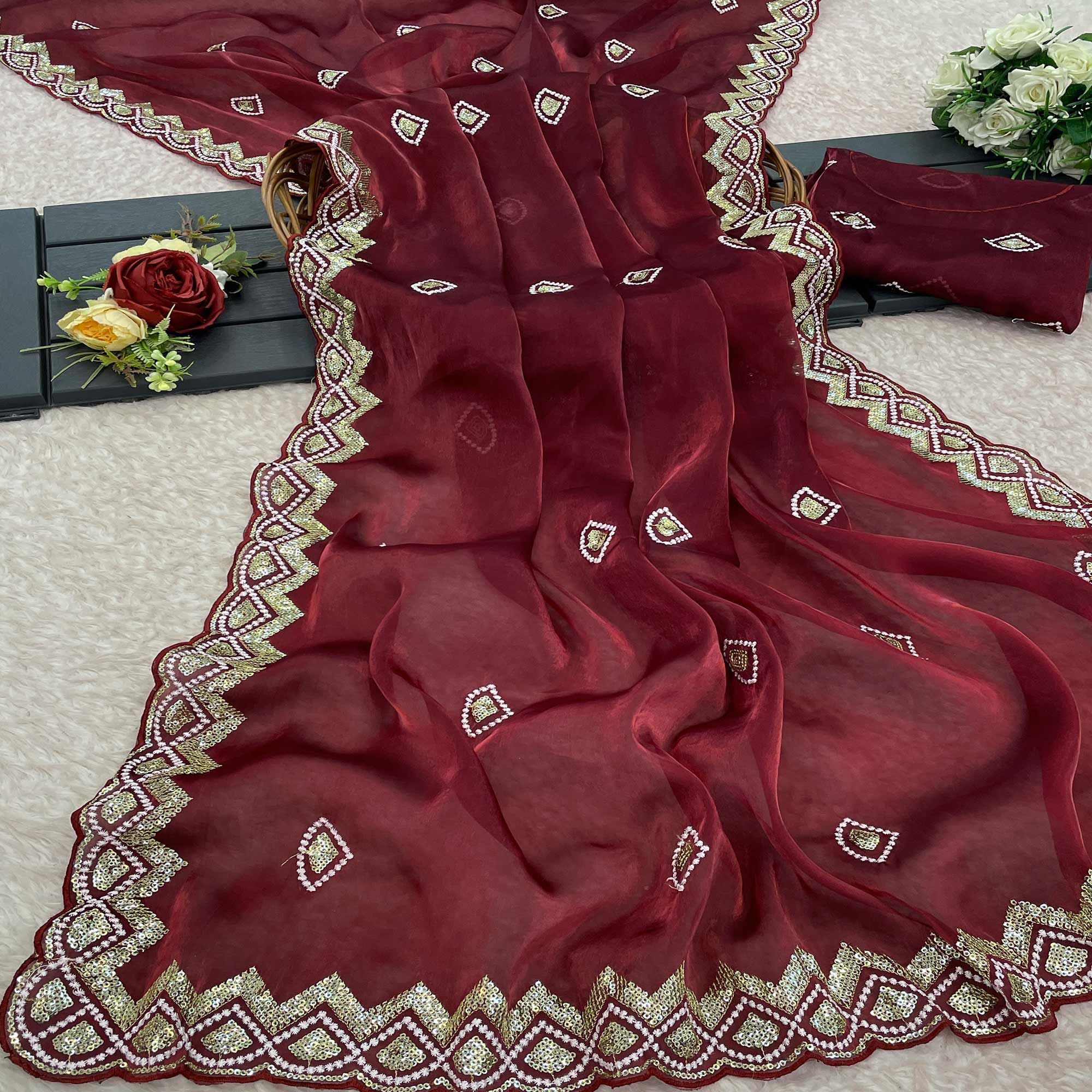 Maroon Sequins Embroidered Satin Saree
