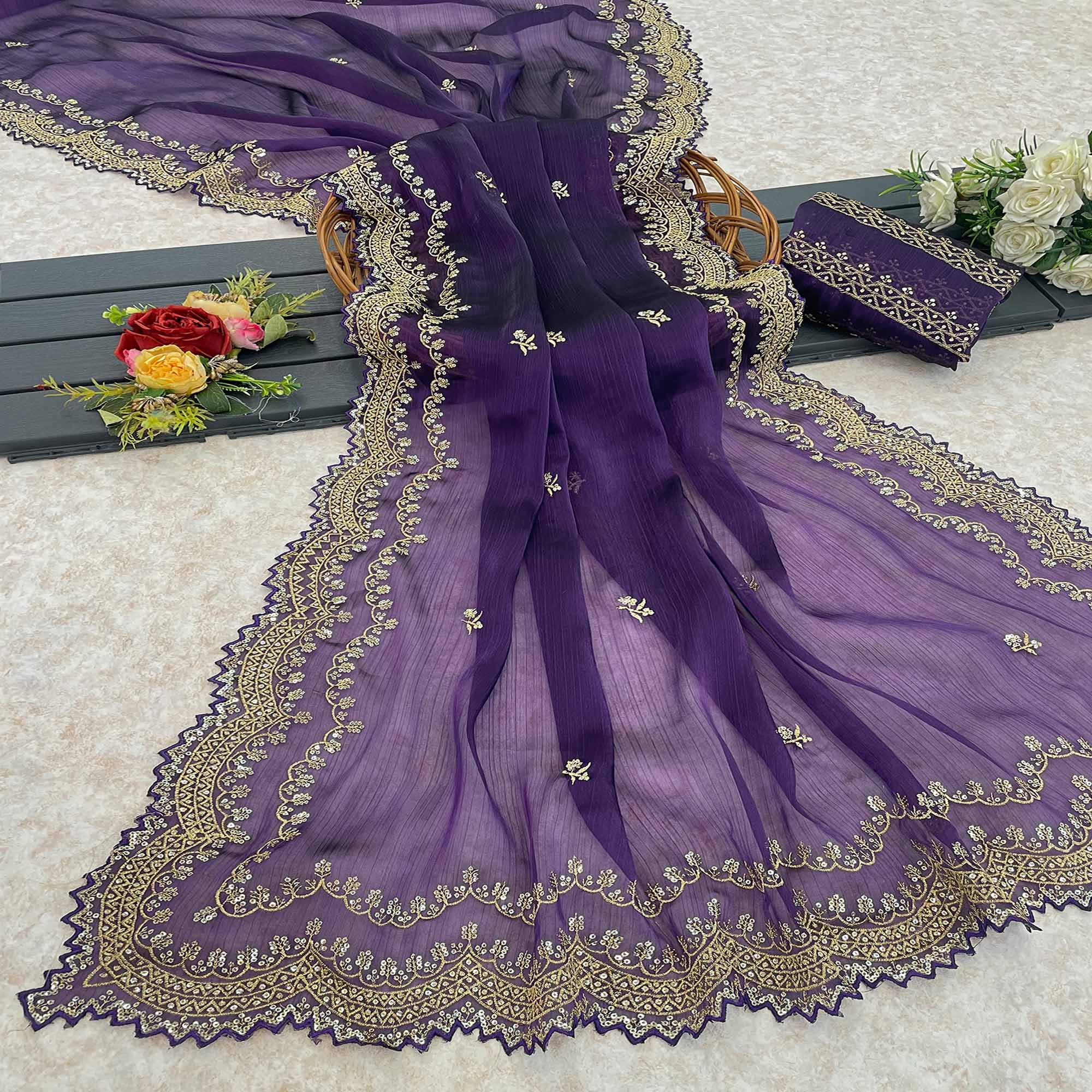 Purple Embroidered Chiffon Saree