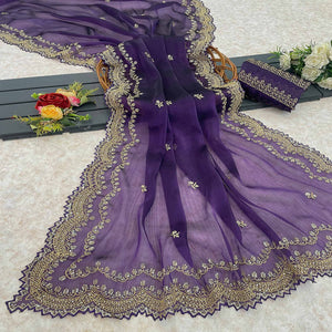 Purple Embroidered Chiffon Saree