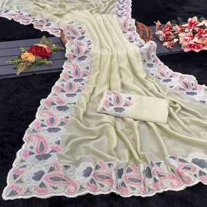 Green Floral Embroidered Vichitra Silk Saree