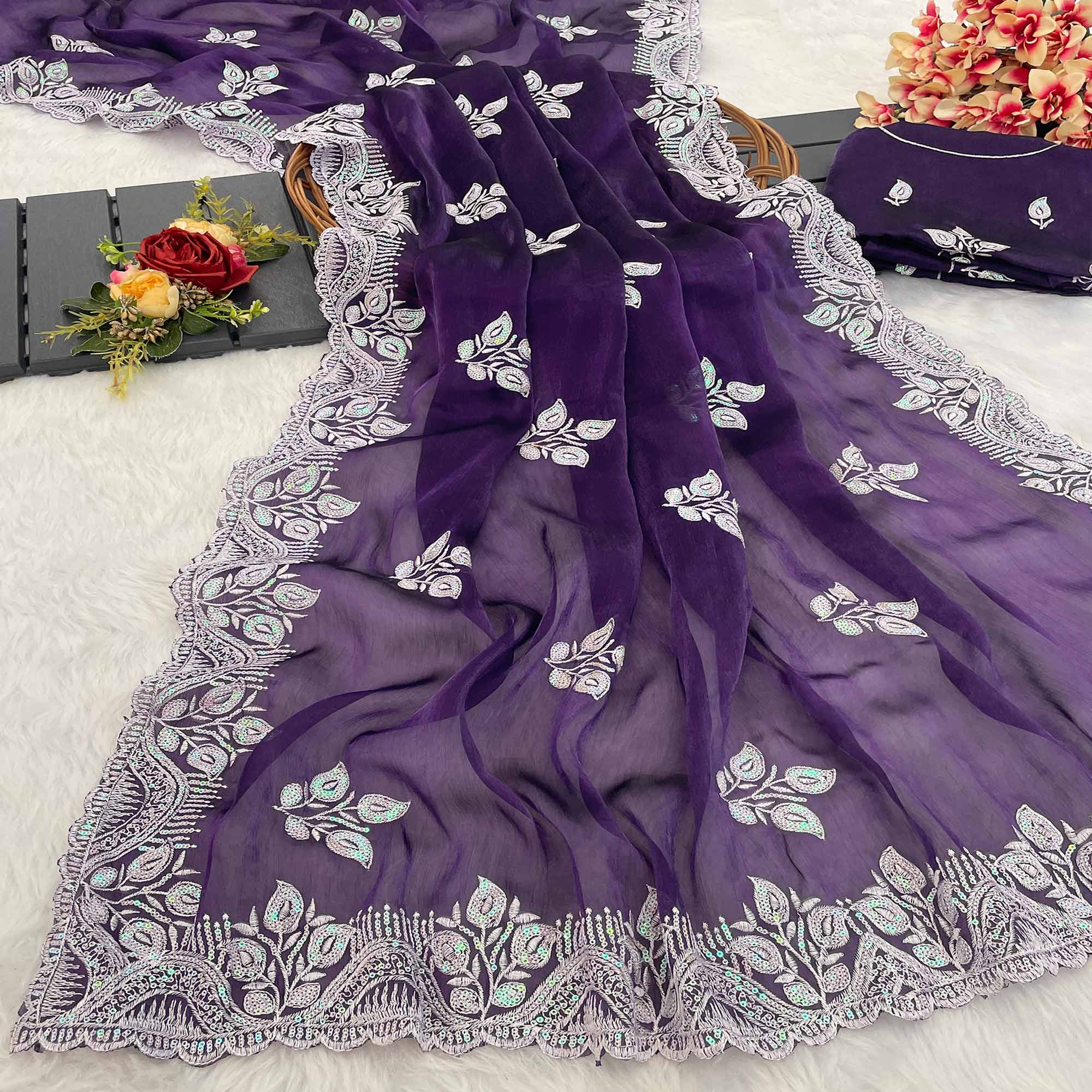 Purple Sequins Embroidered Chiffon Saree
