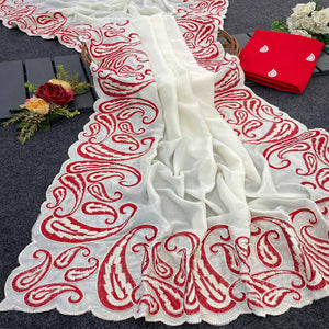 Off White Embroidered Vichitra Silk Saree