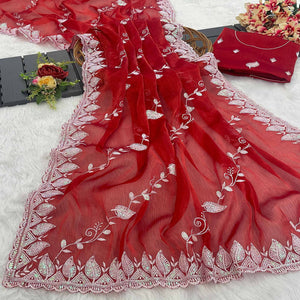 Maroon Sequins Embroidered Chiffon Saree