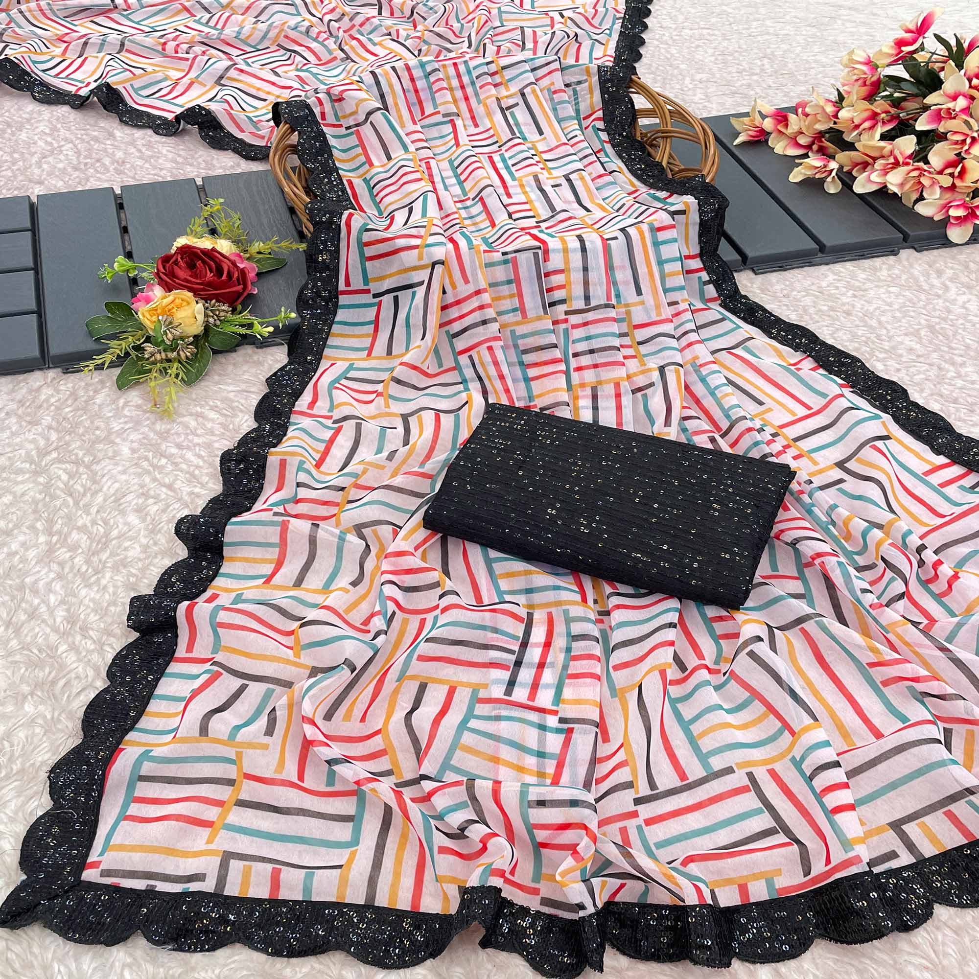 White Printed Georgette Saree With Sequins Border