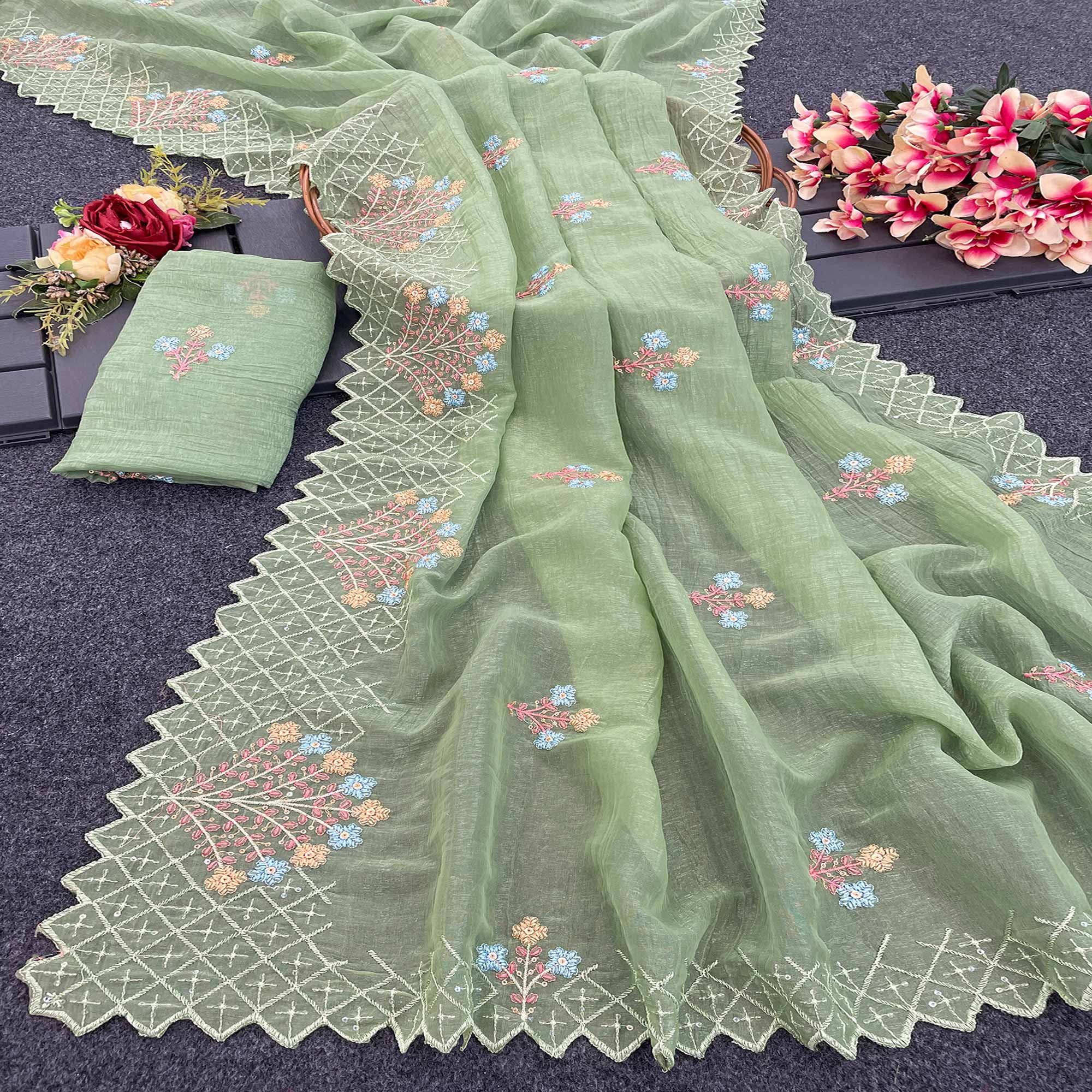 Green Floral Sequins Embroidered Art Silk Crush Saree