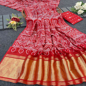 Red Bandhani Zari Woven Dola Silk Saree