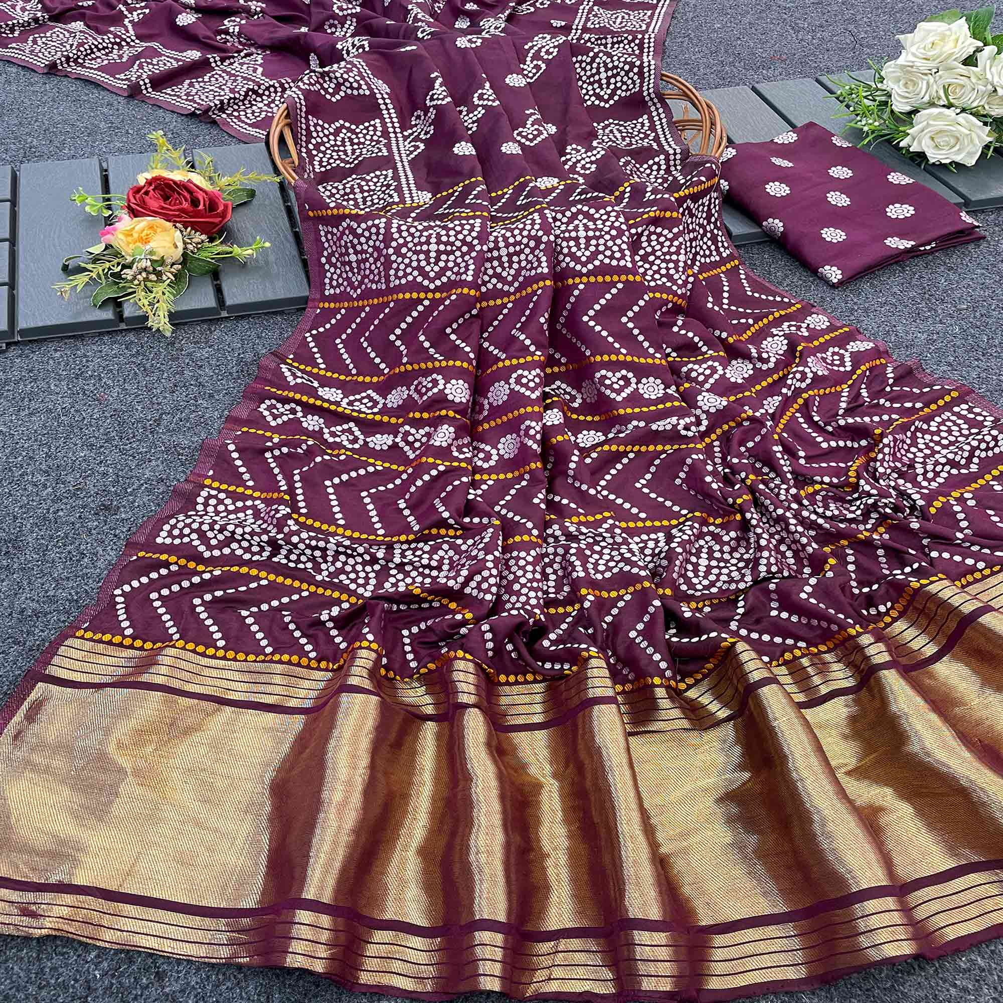 Wine Bandhani Zari Woven Dola Silk Saree