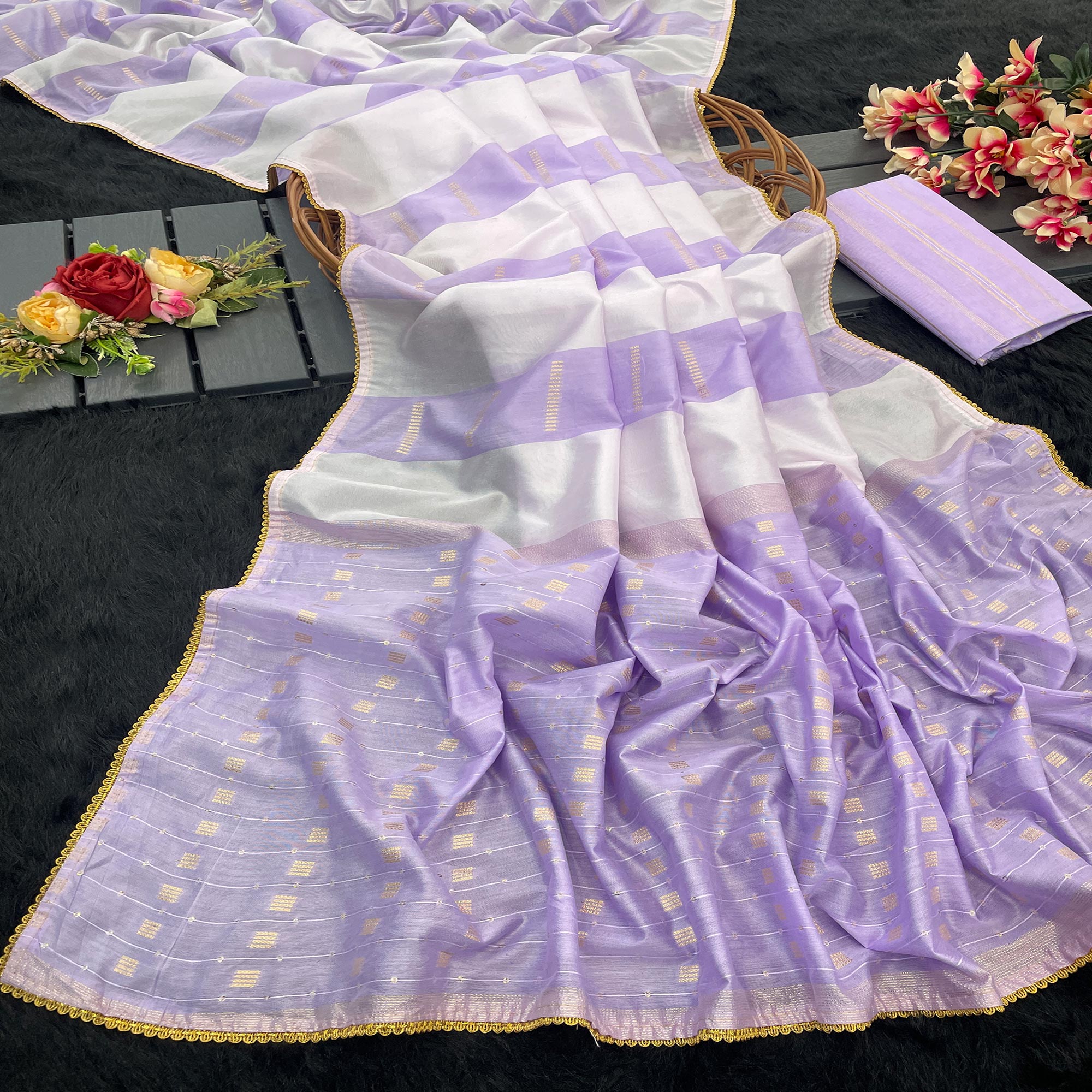 Lavender Zari Woven With Sequins Work Tussar Silk Saree With Lace Border