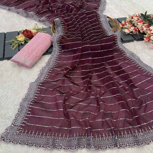 Wine Sequins Embroidered Chiffon Saree
