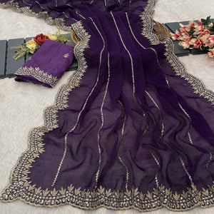 Purple Sequins Work Embroidered Chiffon Saree