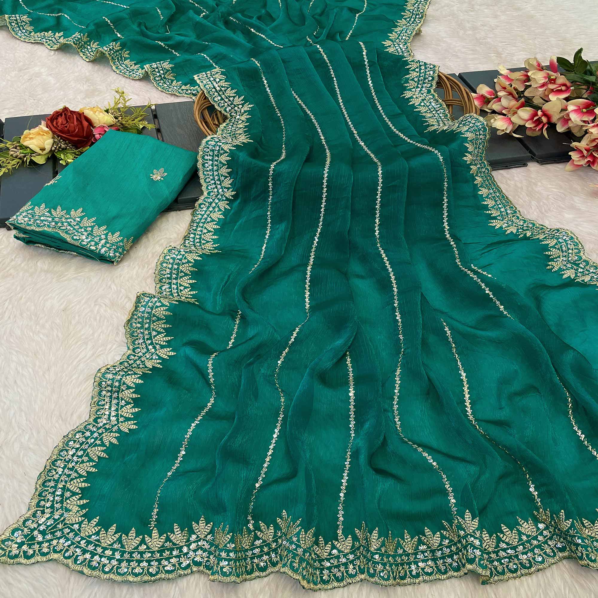 Rama Green Sequins Work Embroidered Chiffon Saree