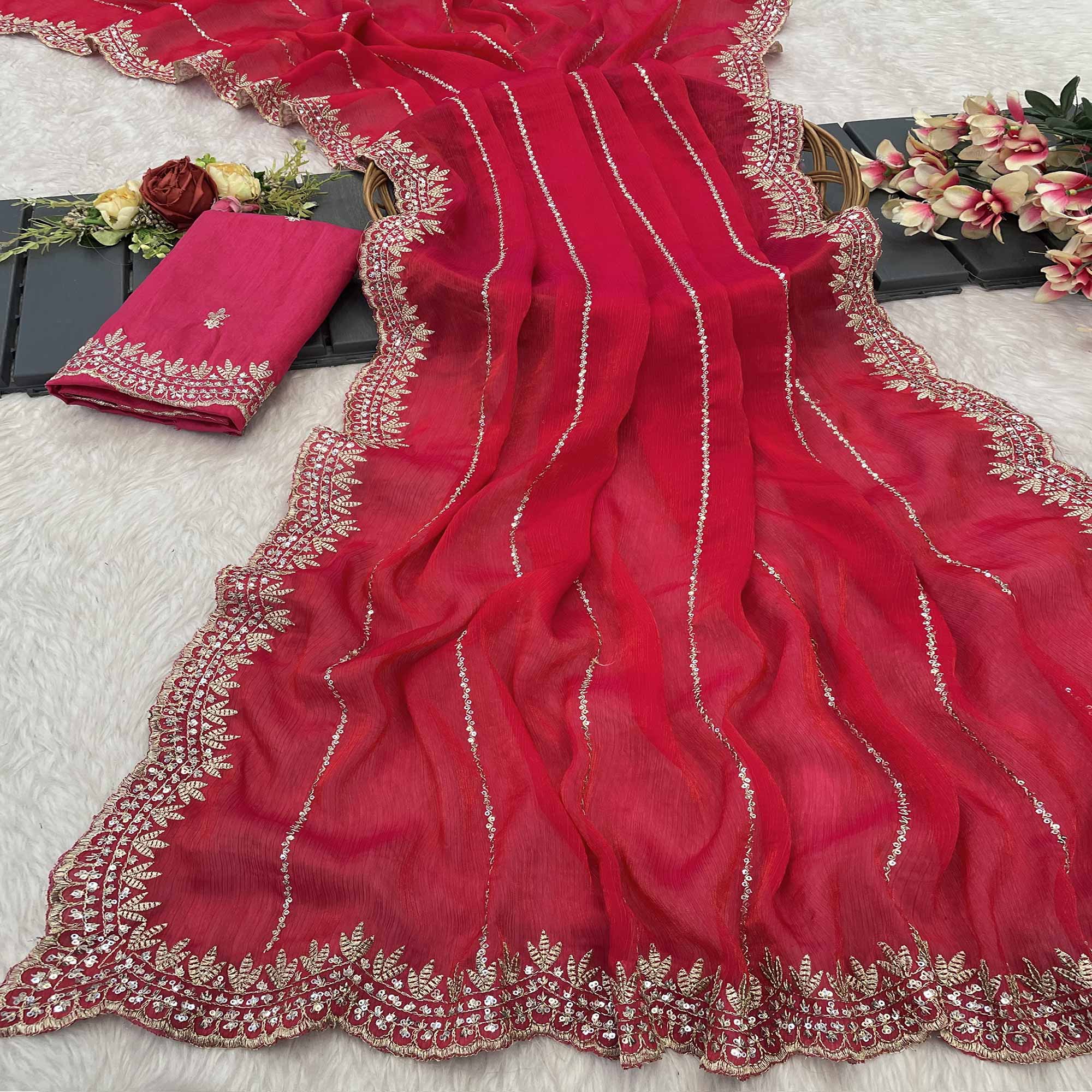 Rani Pink Sequins Work Embroidered Chiffon Saree