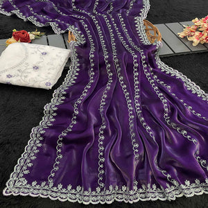 Purple Sequins Embroidered Satin Saree