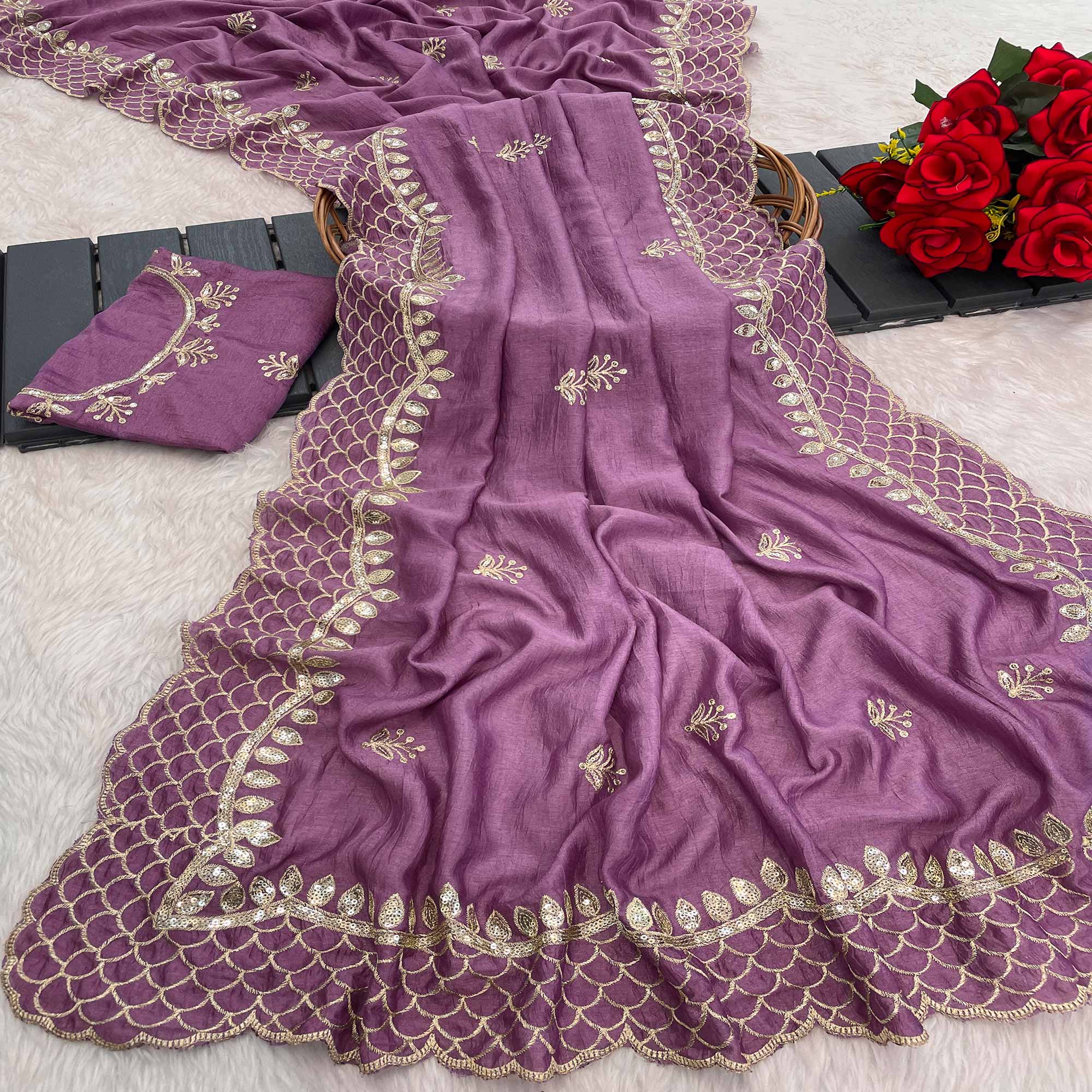 Purple Sequins Embroidered Vichitra Silk Saree
