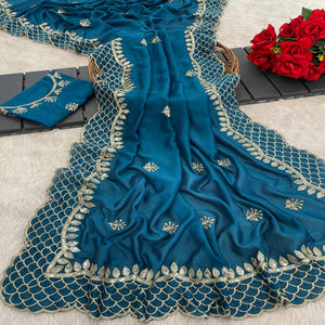 Teal Sequins Embroidered Vichitra Silk Saree