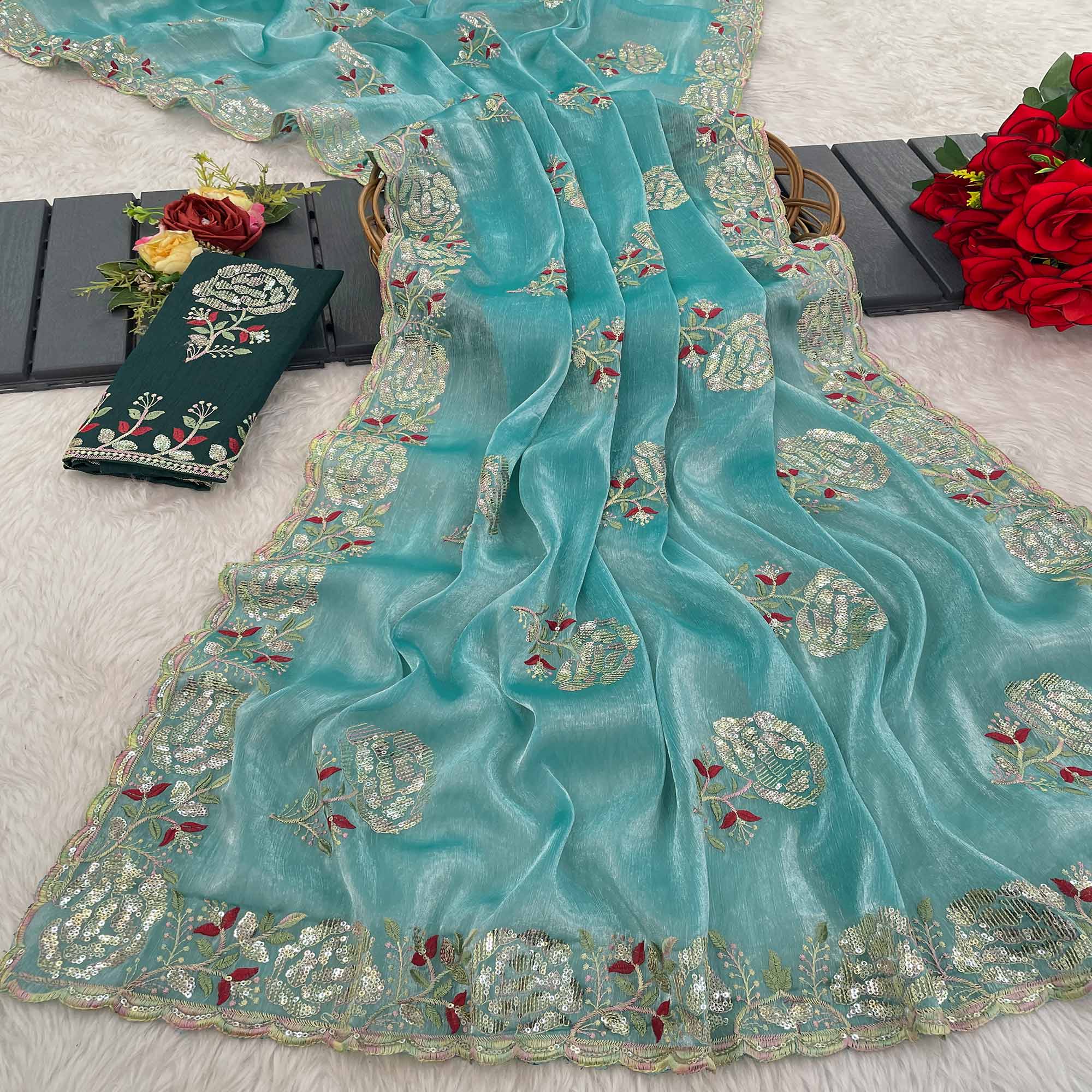 Sky Blue Sequins Work Embroidered Chiffon Saree