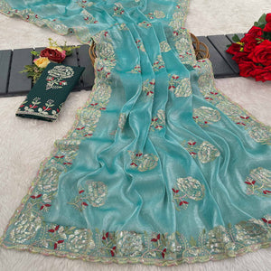 Sky Blue Sequins Work Embroidered Chiffon Saree