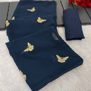 Blue Embroidered Georgette Saree With Shimmering Butterfly Sequin Work