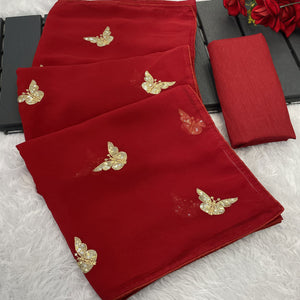 Red Embroidered Georgette Saree With Shimmering Butterfly Sequin Work