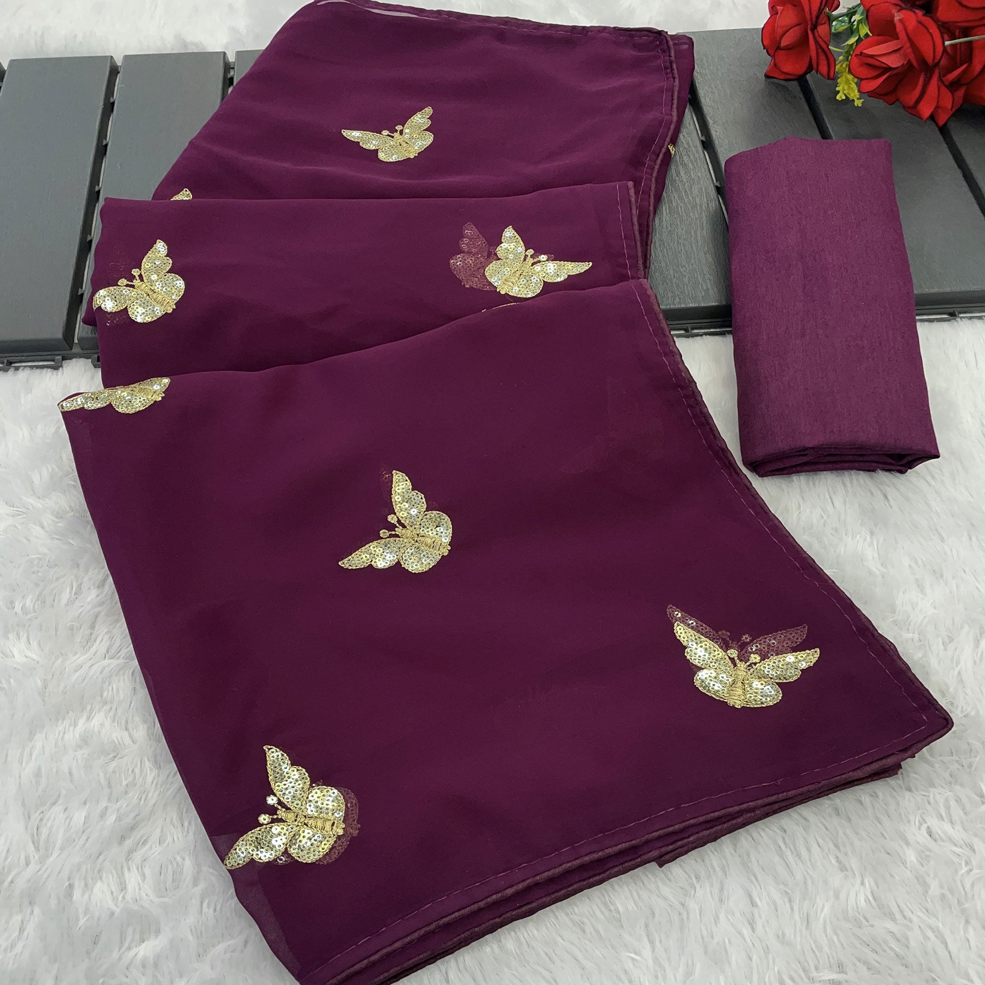 Wine Embroidered Georgette Saree With Shimmering Butterfly Sequin Work
