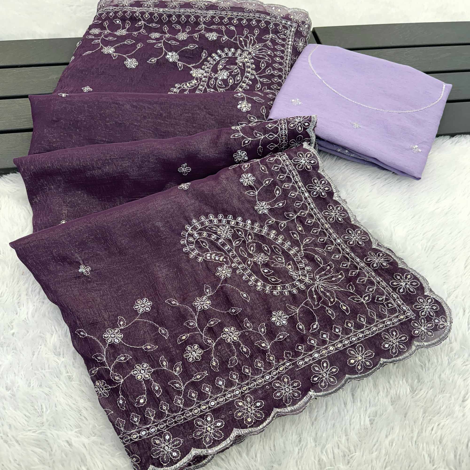 Dusty Lavender Silk Blend Crush Saree Adorned With Floral Thread Embroidery & Sequins