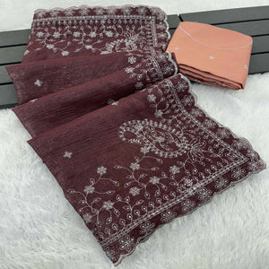 Dusty Maroon Silk Blend Crush Saree Adorned With Floral Thread Embroidery & Sequins