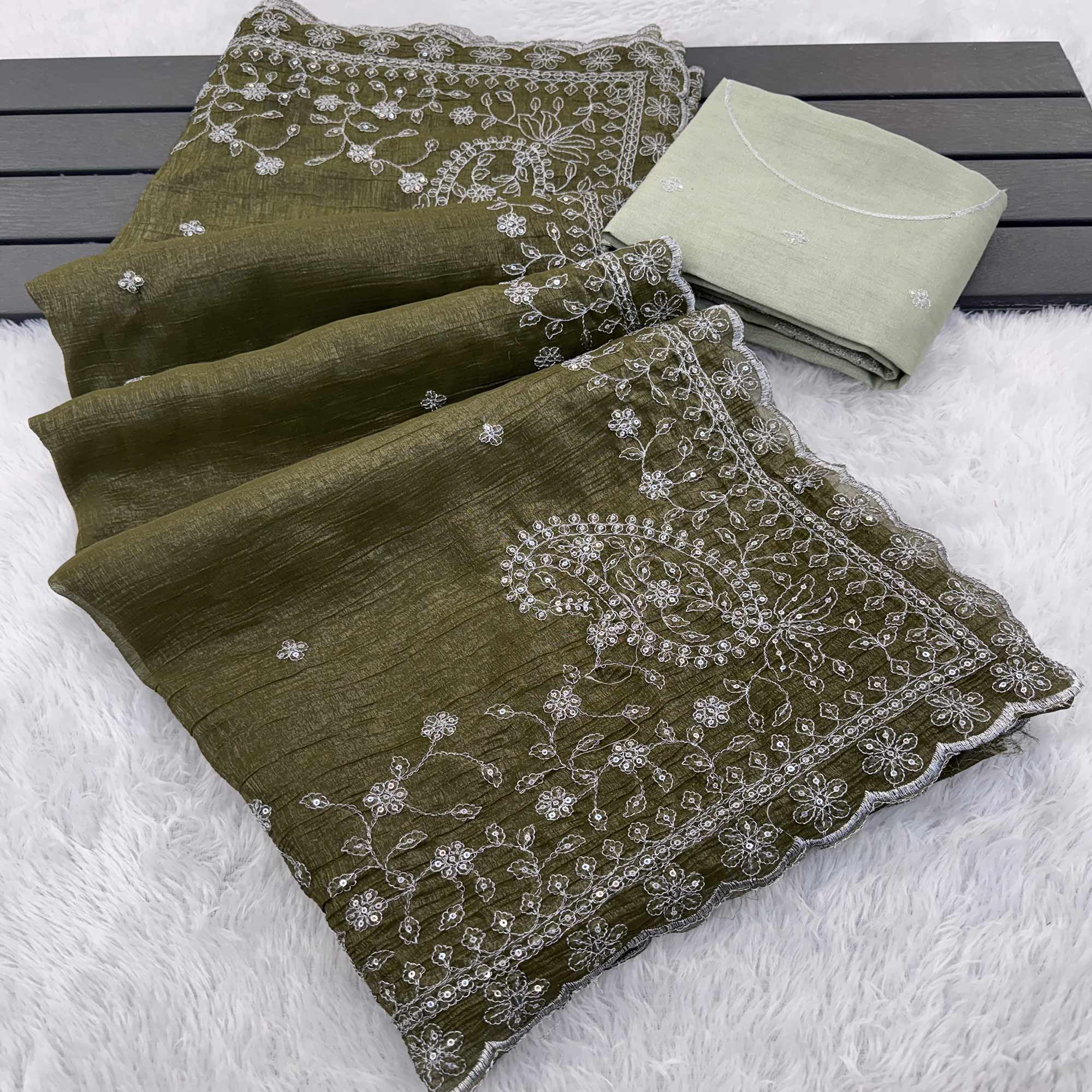Mehendi Green Silk Blend Crush Saree Adorned With Floral Thread Embroidery & Sequins