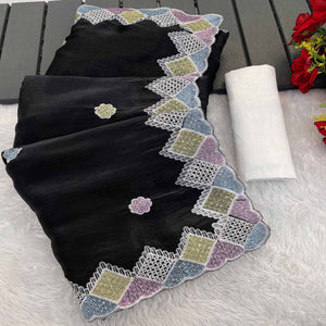 Elegant Black Chiffon Silk Saree Adorned With Delicate Floral Sequin Work
