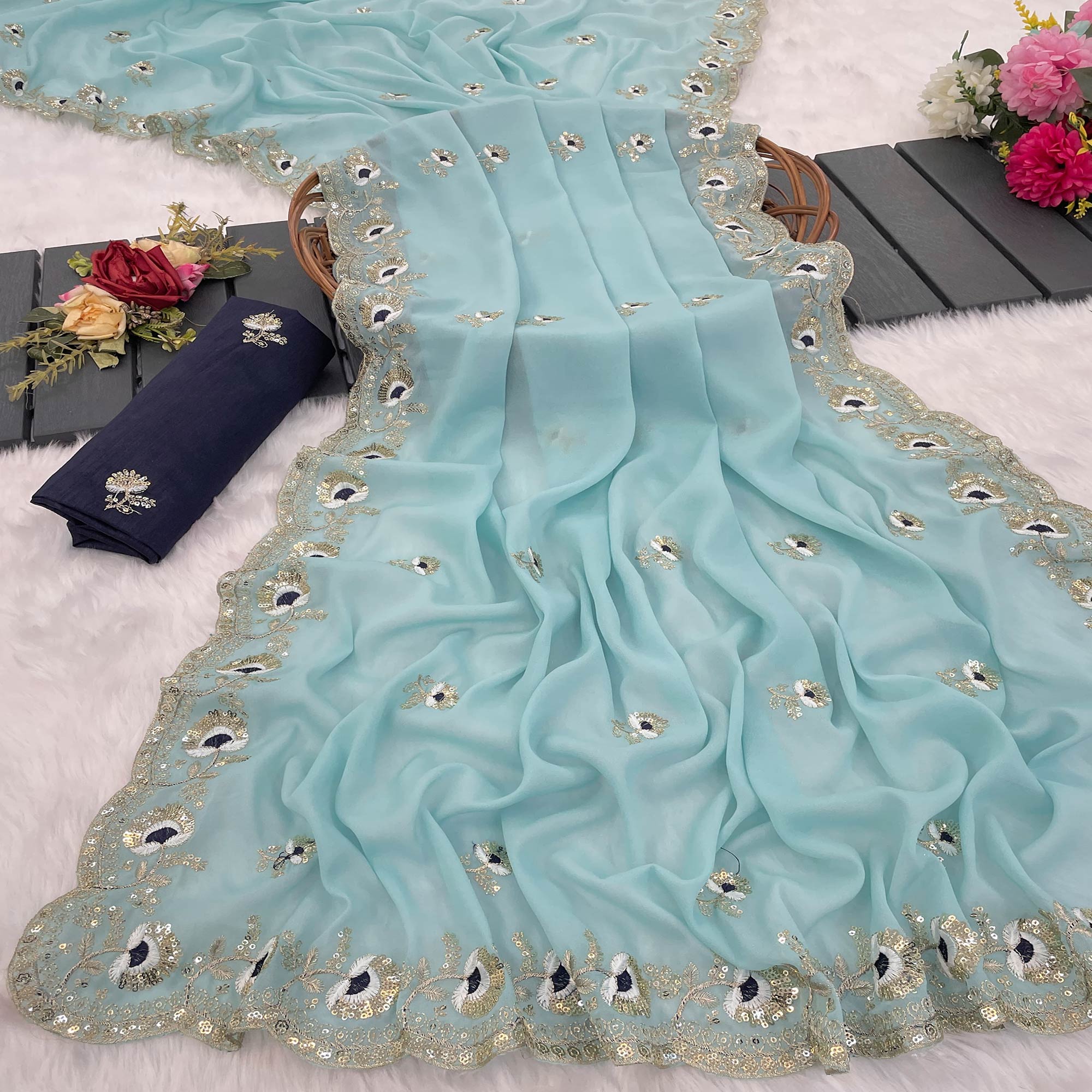 Blue Georgette Silk Saree With Floral Sequin Embroidery & Graceful Cutwork Detailing Border