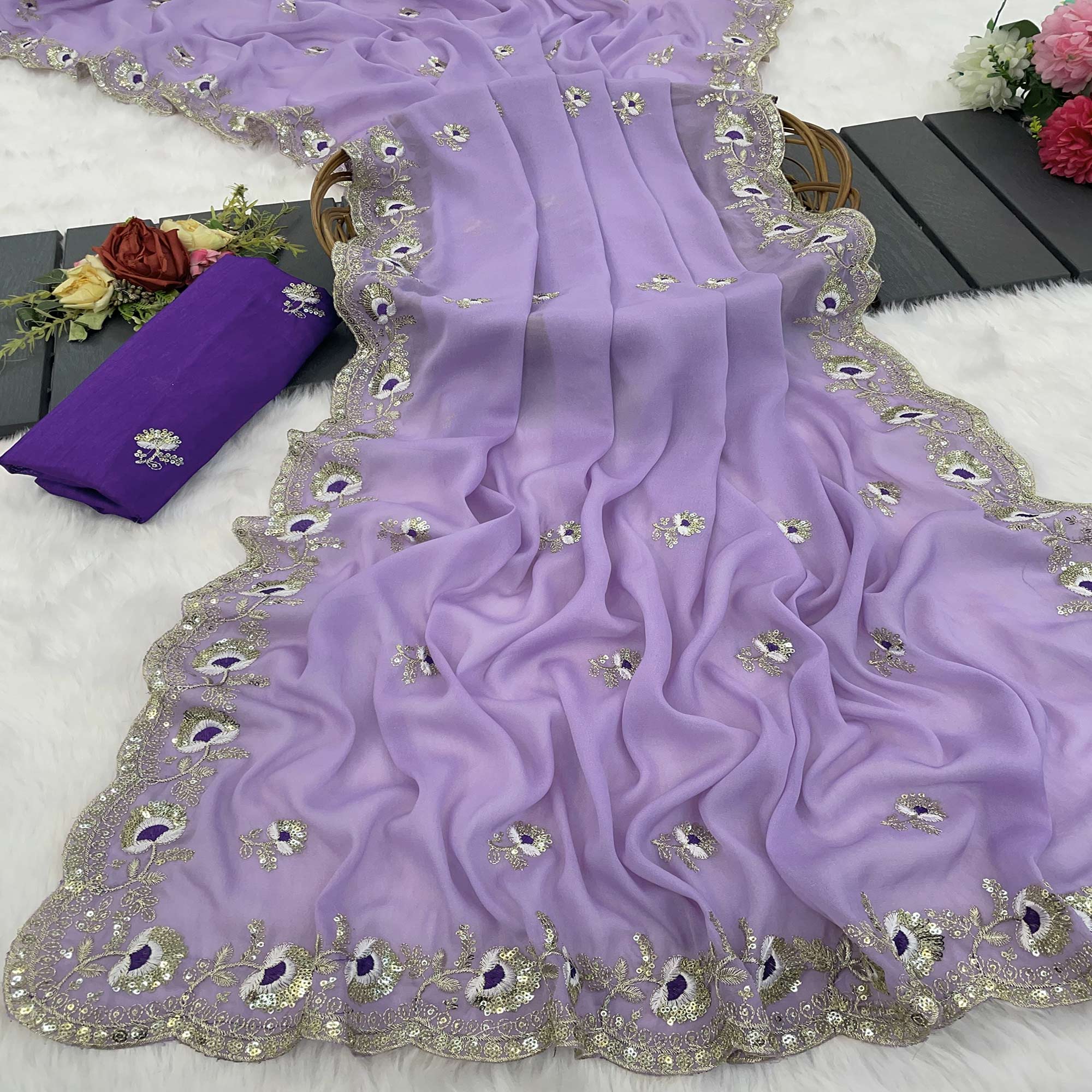 Lavender Georgette Silk Saree With Floral Sequin Embroidery & Graceful Cutwork Detailing Border