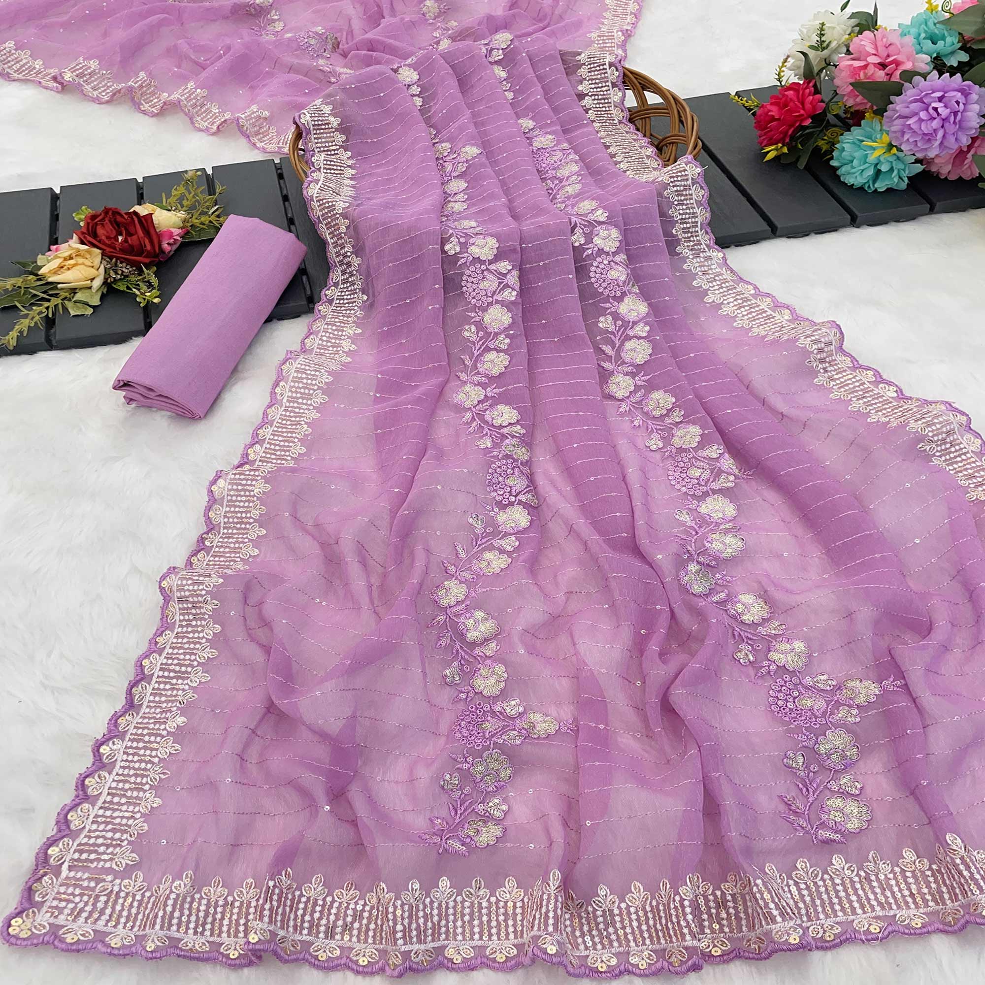 Light Purple Shimmer Chiffon Saree with Floral Sequin Embroidery & Elegant Cutwork Border