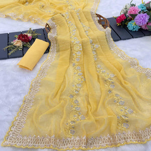 Yellow Shimmer Chiffon Saree with Floral Sequin Embroidery & Intricate Cutwork Border