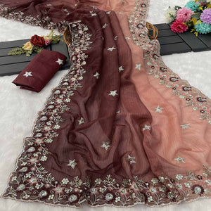 Brown Crunchy Crush Saree Featuring Floral Thread Embroidery & Sequins Embellishment