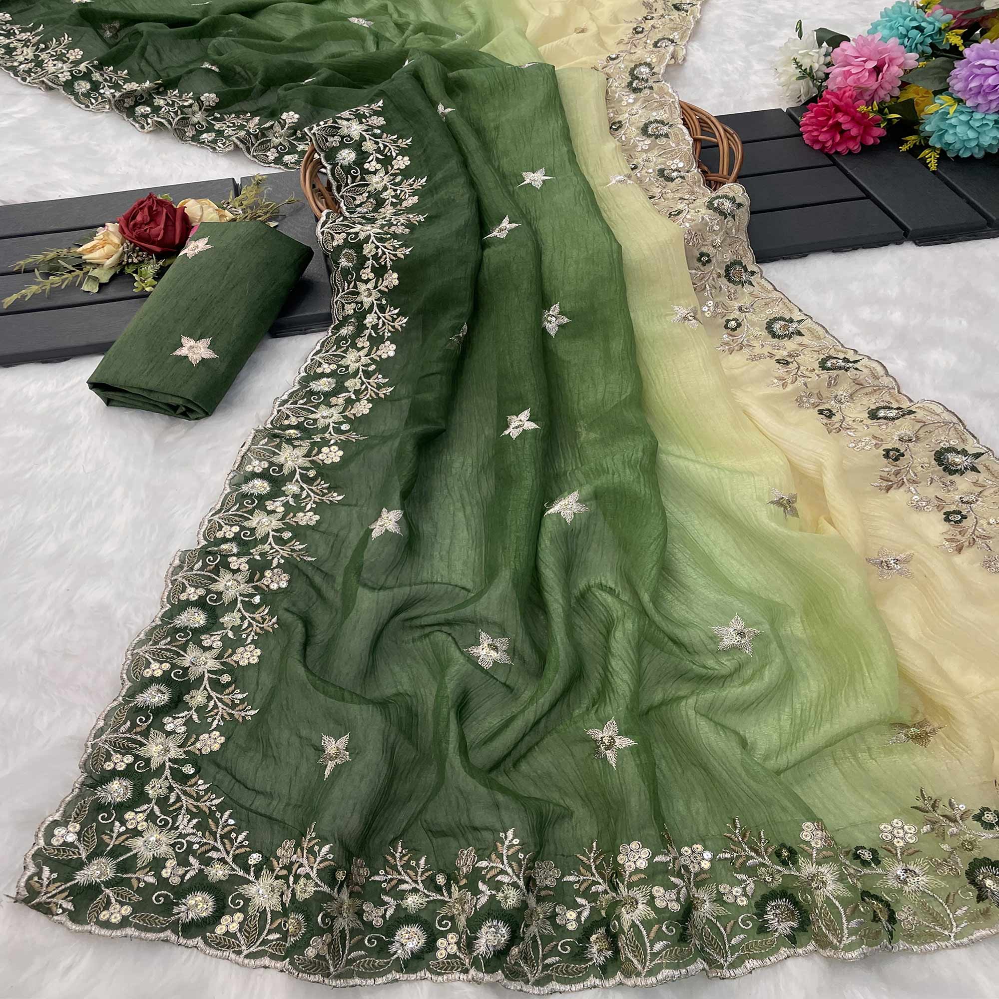 Green Crunchy Crush Saree Featuring Floral Thread Embroidery & Sequins Embellishment