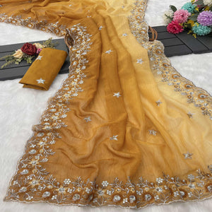 Mustard Crunchy Crush Saree Featuring Floral Thread Embroidery & Sequins Embellishment