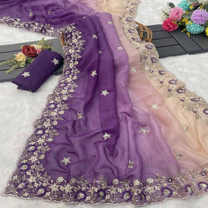 Purple Crunchy Crush Saree Featuring Floral Thread Embroidery & Sequins Embellishment