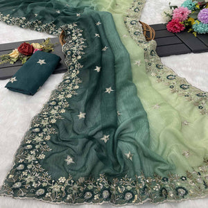Teal Crunchy Crush Saree Featuring Floral Thread Embroidery & Sequins Embellishment